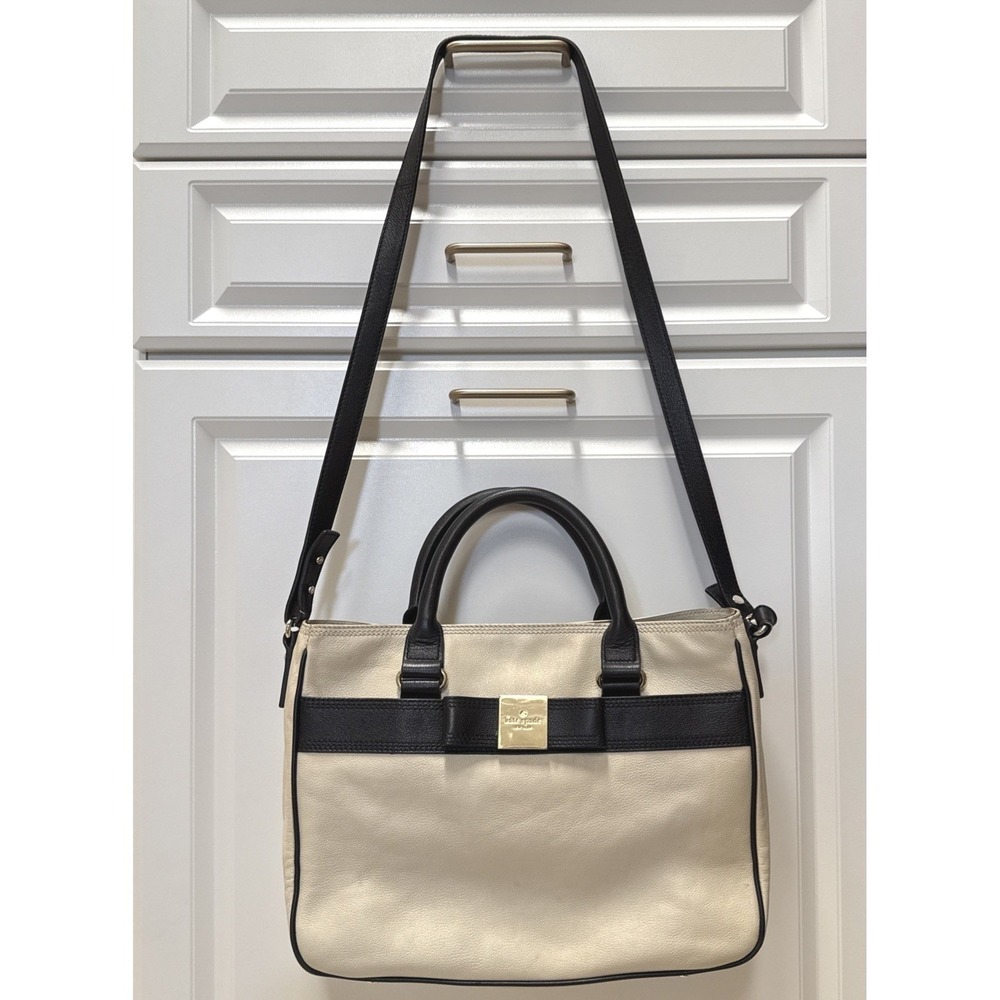 Kate Spade New York Cream Black Leather Bow Satchel Crossbody Bag Handbag